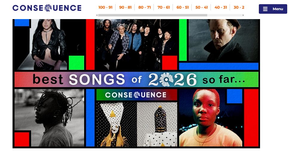 The ranking of the 100 best songs of 2026 published so far, according to Consequence magazine